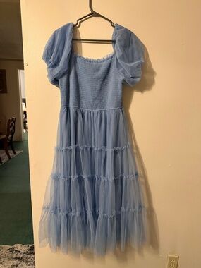 Light Blue Midi Tulle Dress with Puff Sleeves